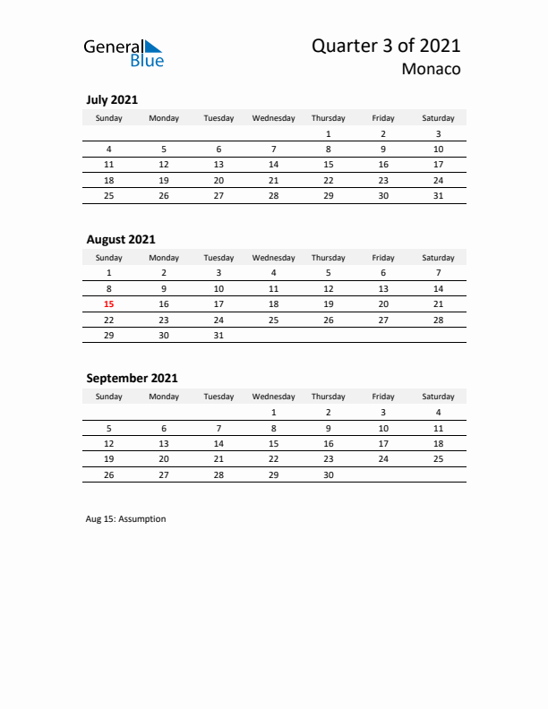 2021 Q3 Three-Month Calendar for Monaco