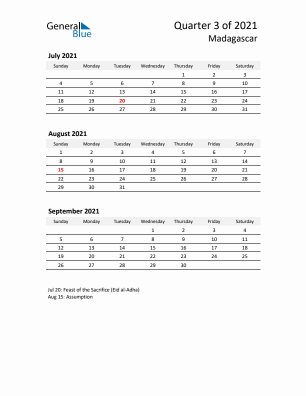 2021 Q3 Three-Month Calendar for Madagascar