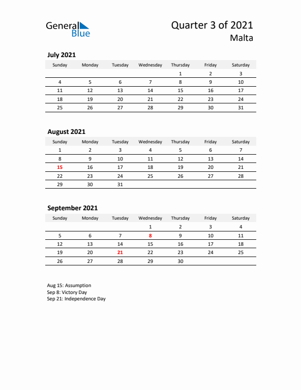 2021 Q3 Three-Month Calendar for Malta