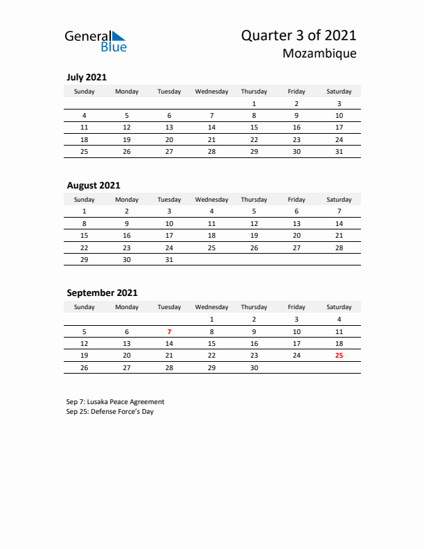 2021 Q3 Three-Month Calendar for Mozambique