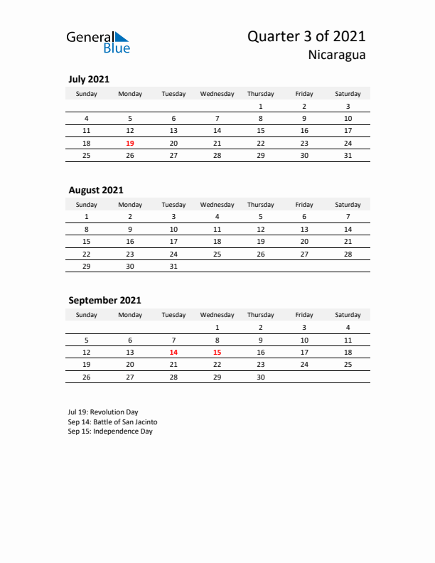 2021 Q3 Three-Month Calendar for Nicaragua