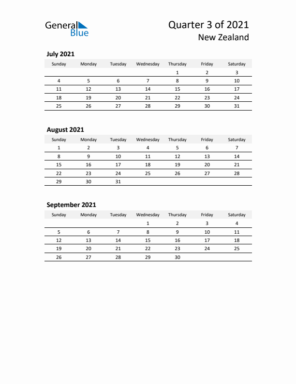 2021 Q3 Three-Month Calendar for New Zealand