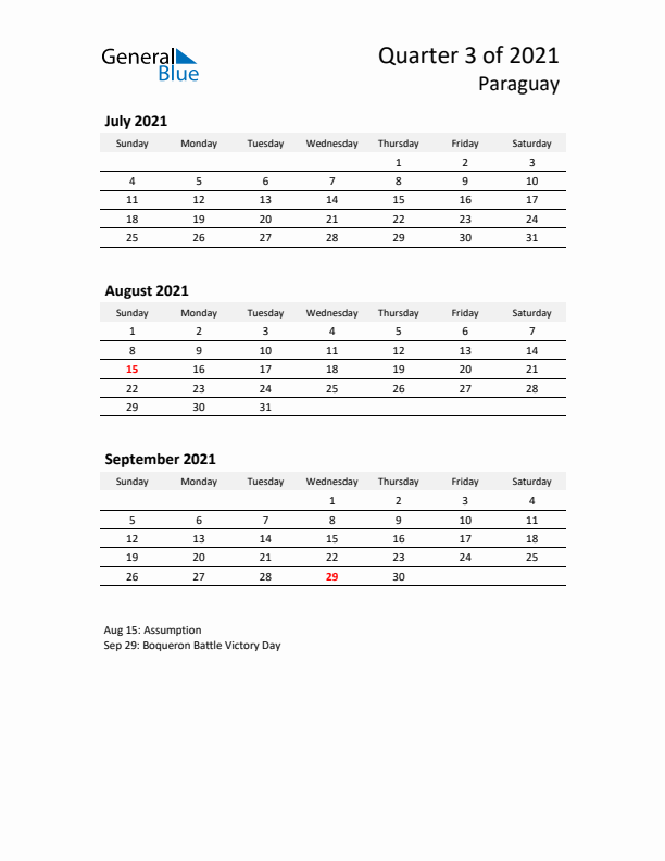 2021 Q3 Three-Month Calendar for Paraguay