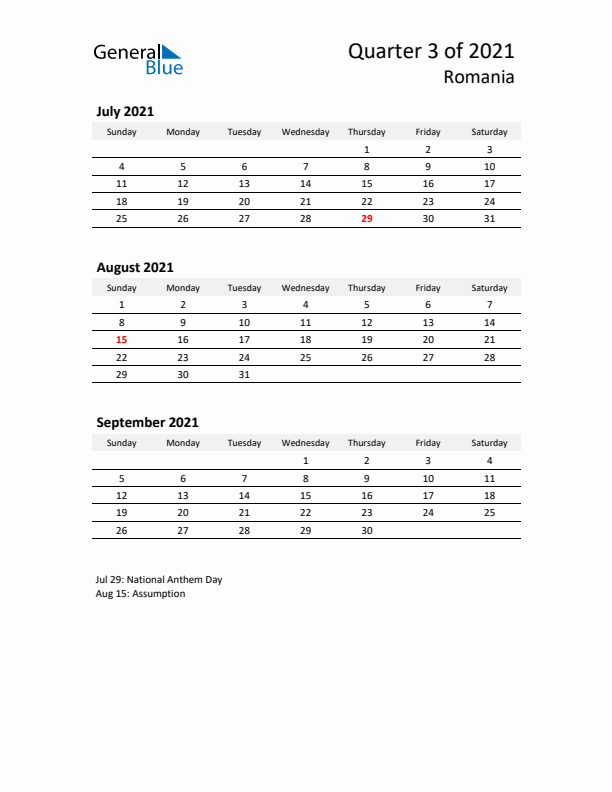 2021 Q3 Three-Month Calendar for Romania