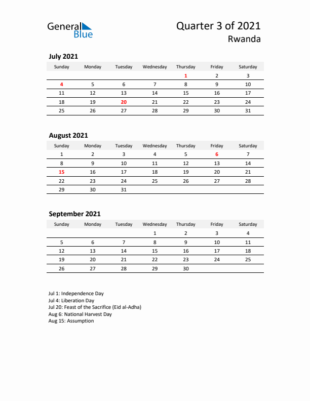 2021 Q3 Three-Month Calendar for Rwanda