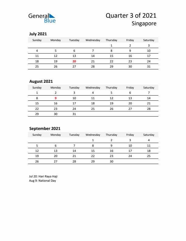 2021 Q3 Three-Month Calendar for Singapore