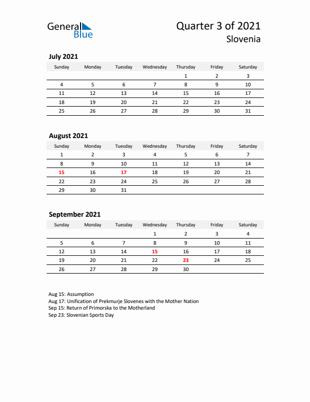 2021 Q3 Three-Month Calendar for Slovenia