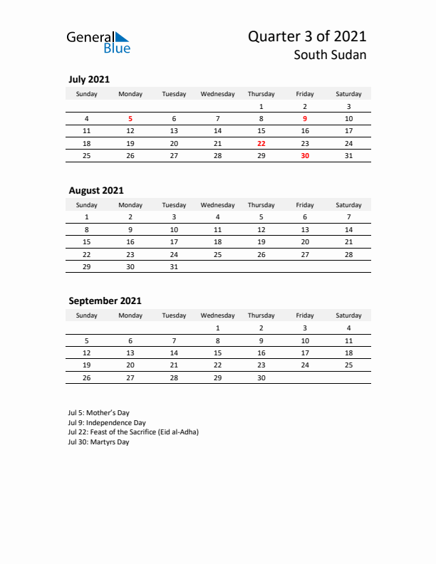 2021 Q3 Three-Month Calendar for South Sudan