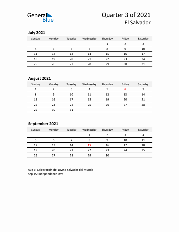 2021 Q3 Three-Month Calendar for El Salvador