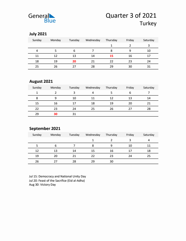 2021 Q3 Three-Month Calendar for Turkey