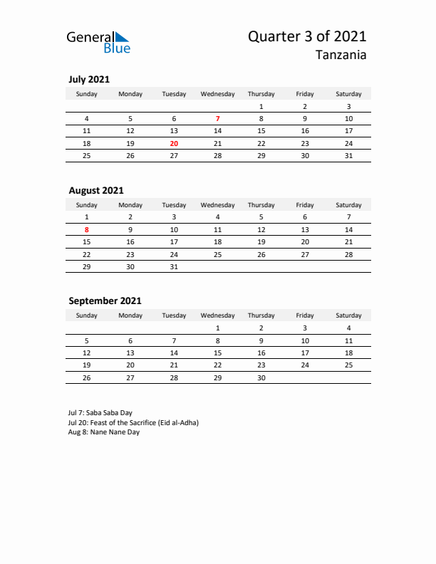 2021 Q3 Three-Month Calendar for Tanzania