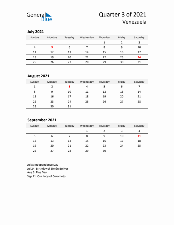 2021 Q3 Three-Month Calendar for Venezuela