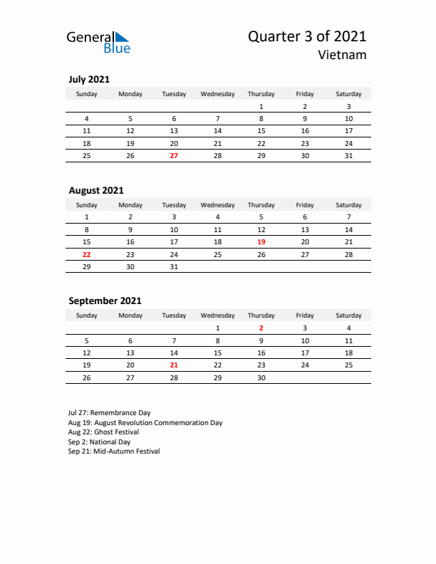 2021 Q3 Three-Month Calendar for Vietnam