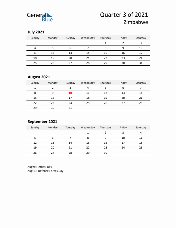 2021 Q3 Three-Month Calendar for Zimbabwe