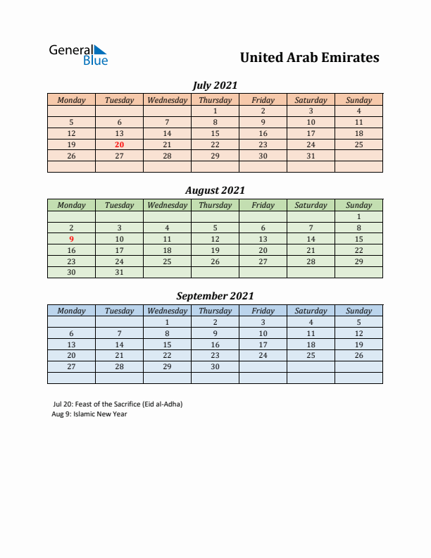 Q3 2021 Holiday Calendar - United Arab Emirates