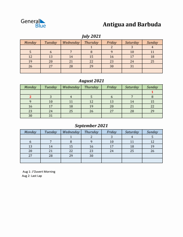 Q3 2021 Holiday Calendar - Antigua and Barbuda