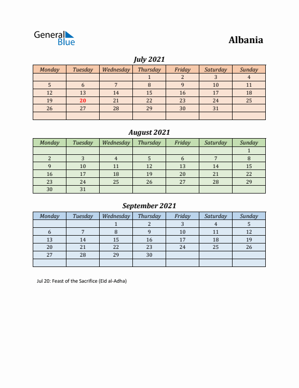 Q3 2021 Holiday Calendar - Albania