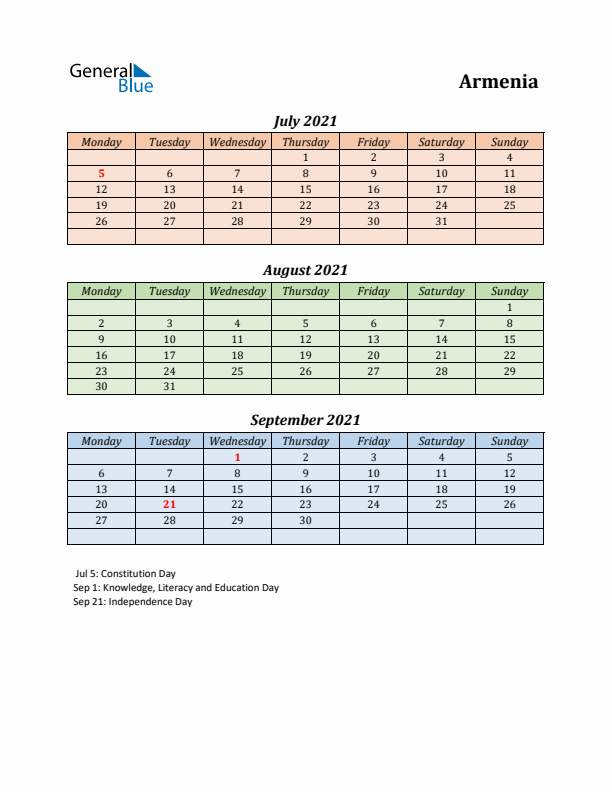 Q3 2021 Holiday Calendar - Armenia