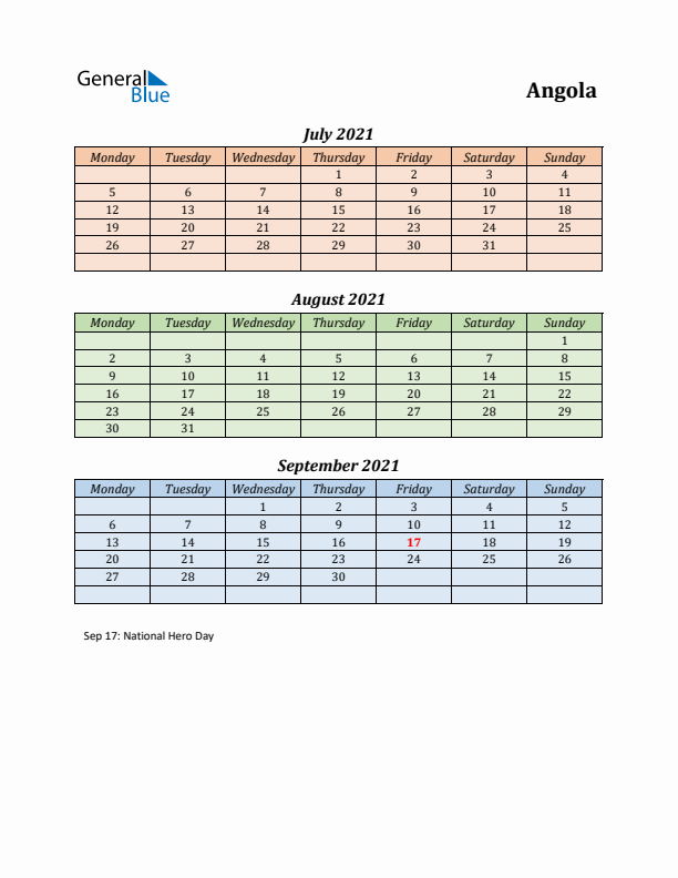 Q3 2021 Holiday Calendar - Angola