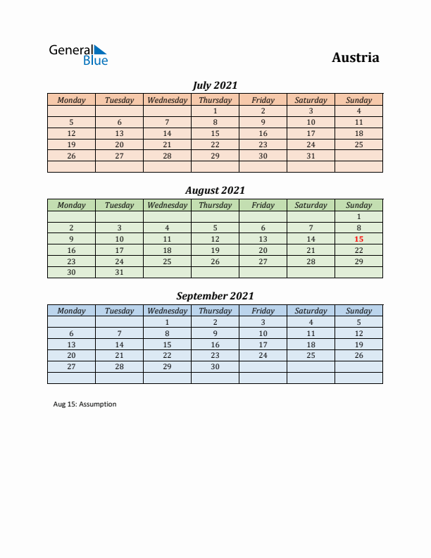 Q3 2021 Holiday Calendar - Austria