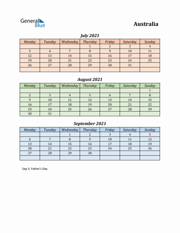 Q3 2021 Holiday Calendar - Australia