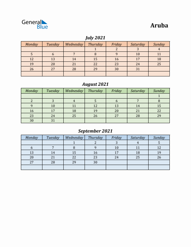 Q3 2021 Holiday Calendar - Aruba