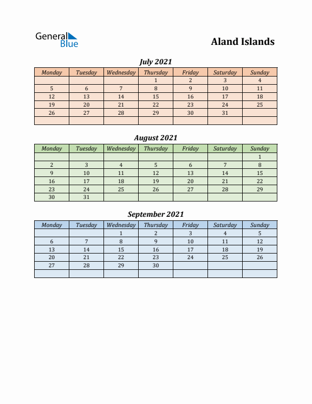 Q3 2021 Holiday Calendar - Aland Islands