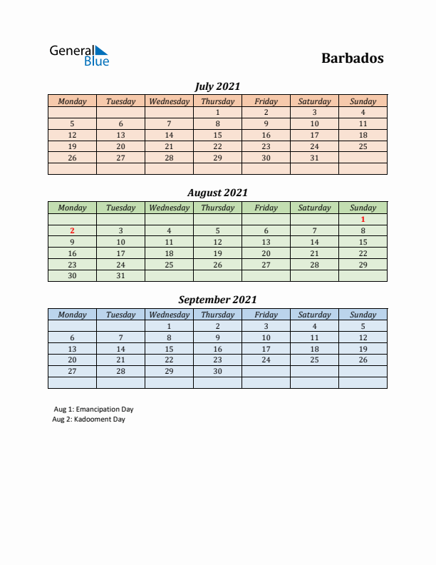 Q3 2021 Holiday Calendar - Barbados