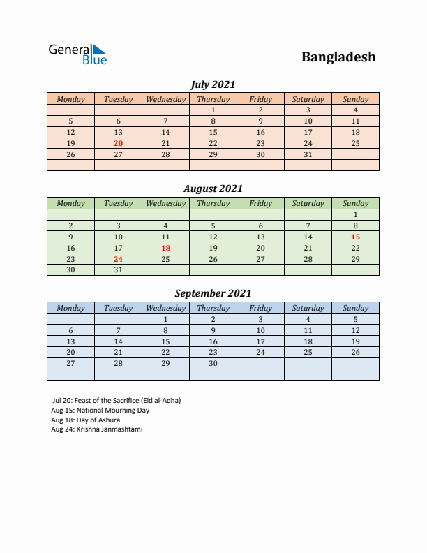 Q3 2021 Holiday Calendar - Bangladesh