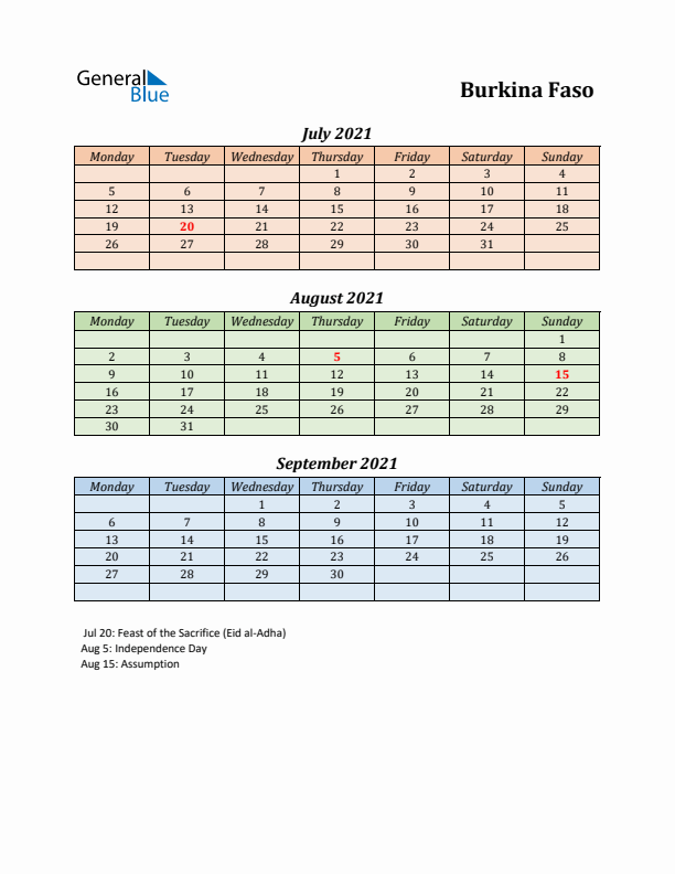 Q3 2021 Holiday Calendar - Burkina Faso