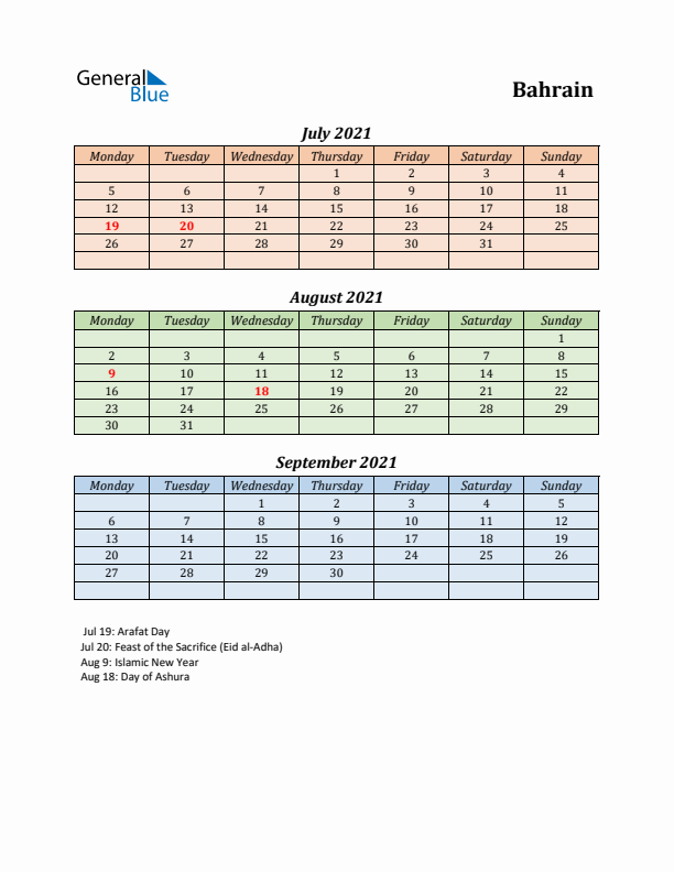 Q3 2021 Holiday Calendar - Bahrain