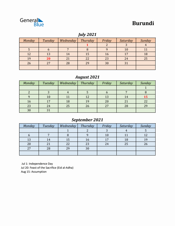 Q3 2021 Holiday Calendar - Burundi