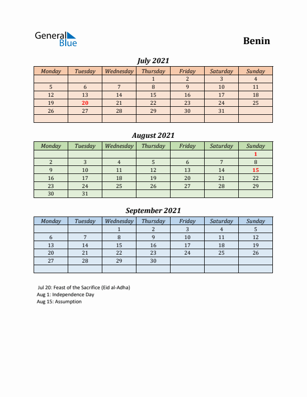 Q3 2021 Holiday Calendar - Benin