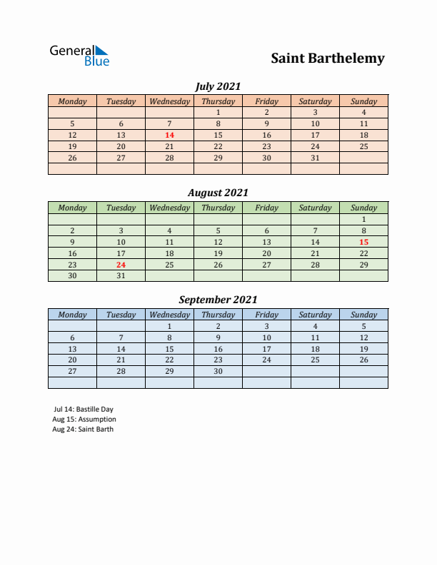 Q3 2021 Holiday Calendar - Saint Barthelemy