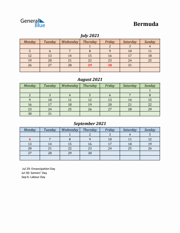 Q3 2021 Holiday Calendar - Bermuda