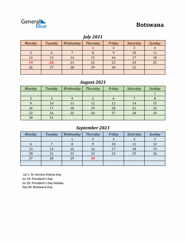 Q3 2021 Holiday Calendar - Botswana