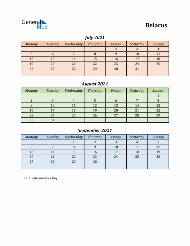 Q3 2021 Holiday Calendar - Belarus