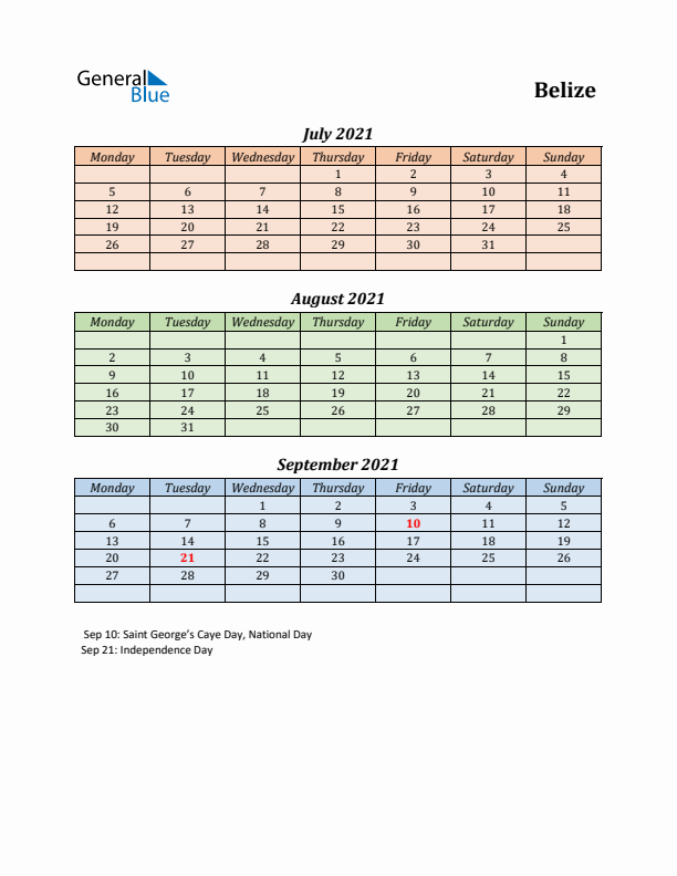 Q3 2021 Holiday Calendar - Belize