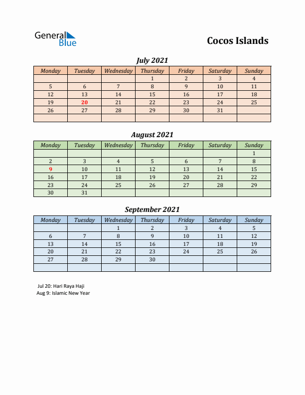 Q3 2021 Holiday Calendar - Cocos Islands