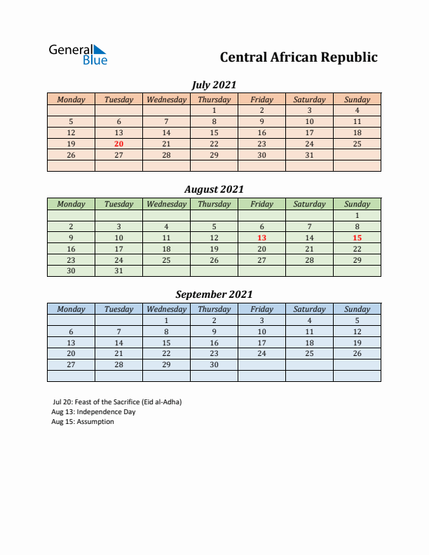 Q3 2021 Holiday Calendar - Central African Republic