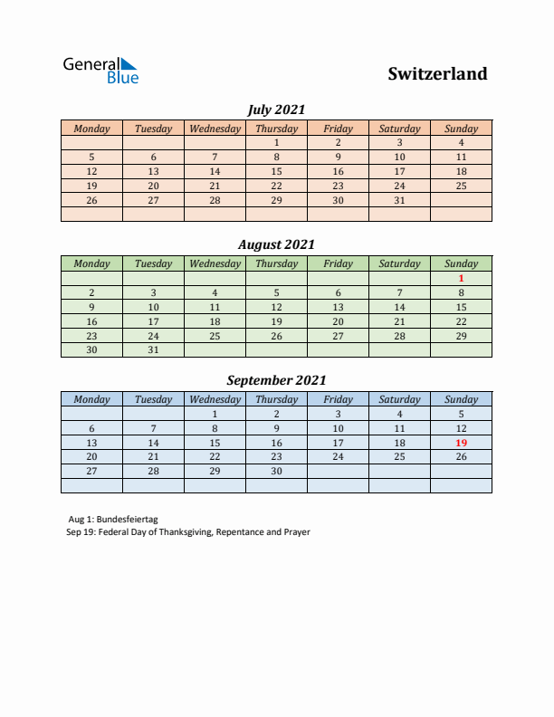 Q3 2021 Holiday Calendar - Switzerland