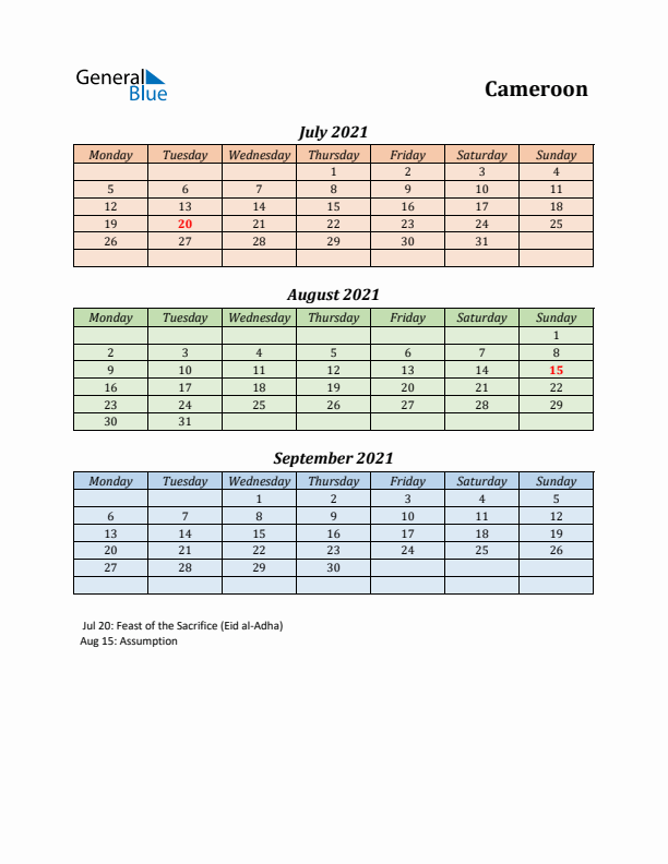 Q3 2021 Holiday Calendar - Cameroon