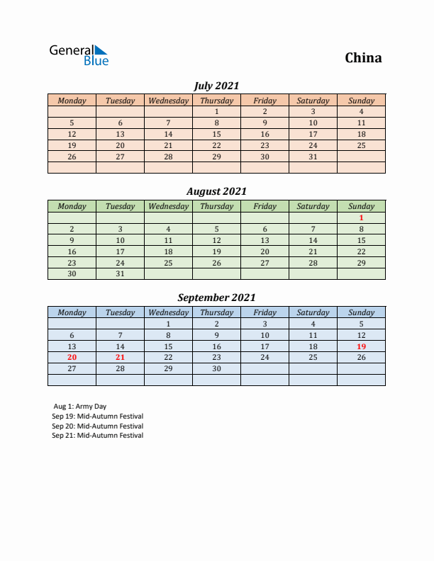 Q3 2021 Holiday Calendar - China