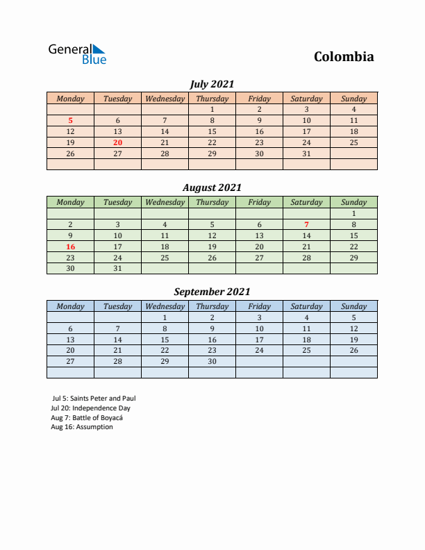 Q3 2021 Holiday Calendar - Colombia