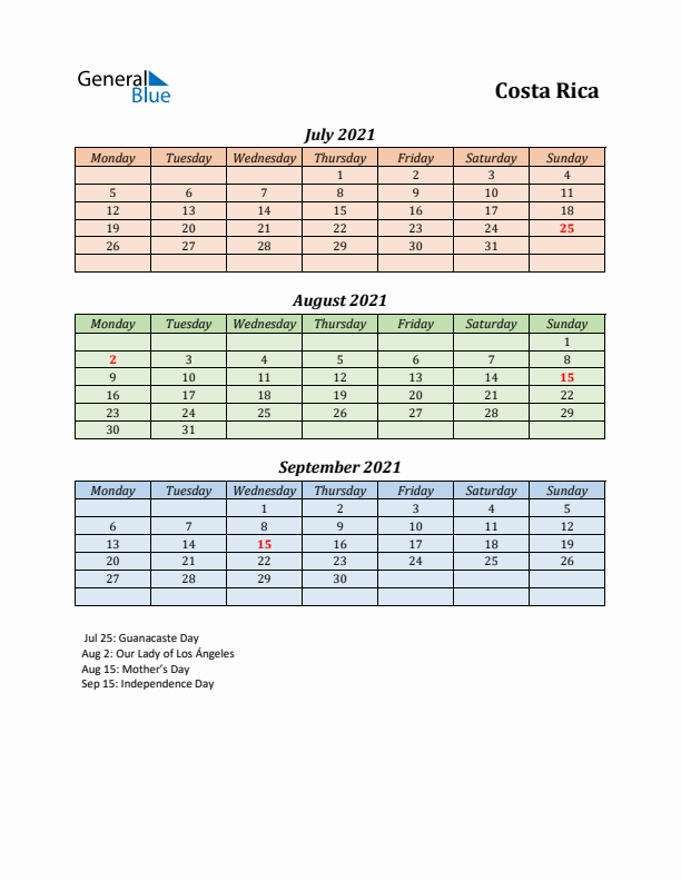 Q3 2021 Holiday Calendar - Costa Rica