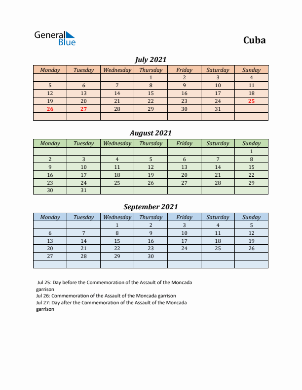 Q3 2021 Holiday Calendar - Cuba