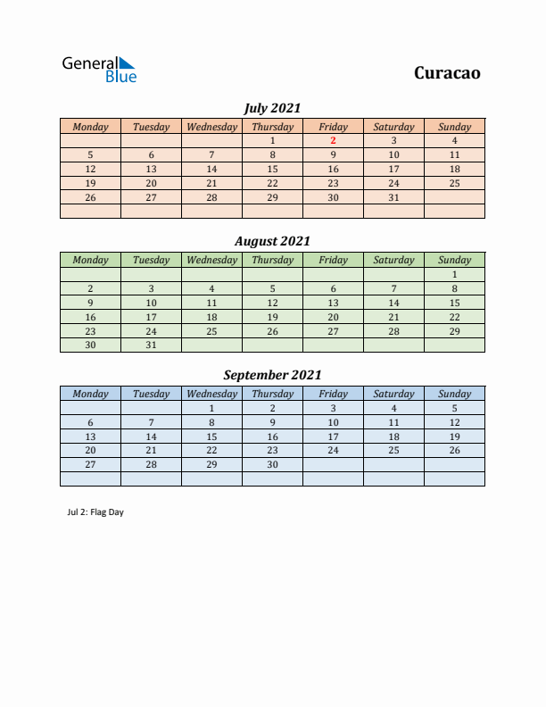 Q3 2021 Holiday Calendar - Curacao