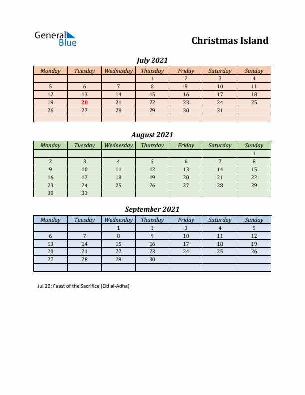 Q3 2021 Holiday Calendar - Christmas Island