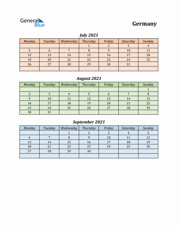 Q3 2021 Holiday Calendar - Germany