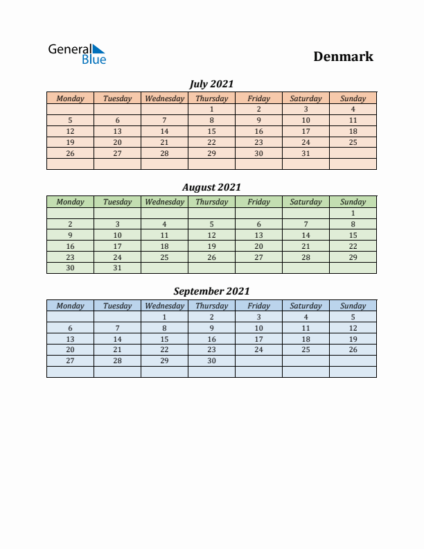 Q3 2021 Holiday Calendar - Denmark